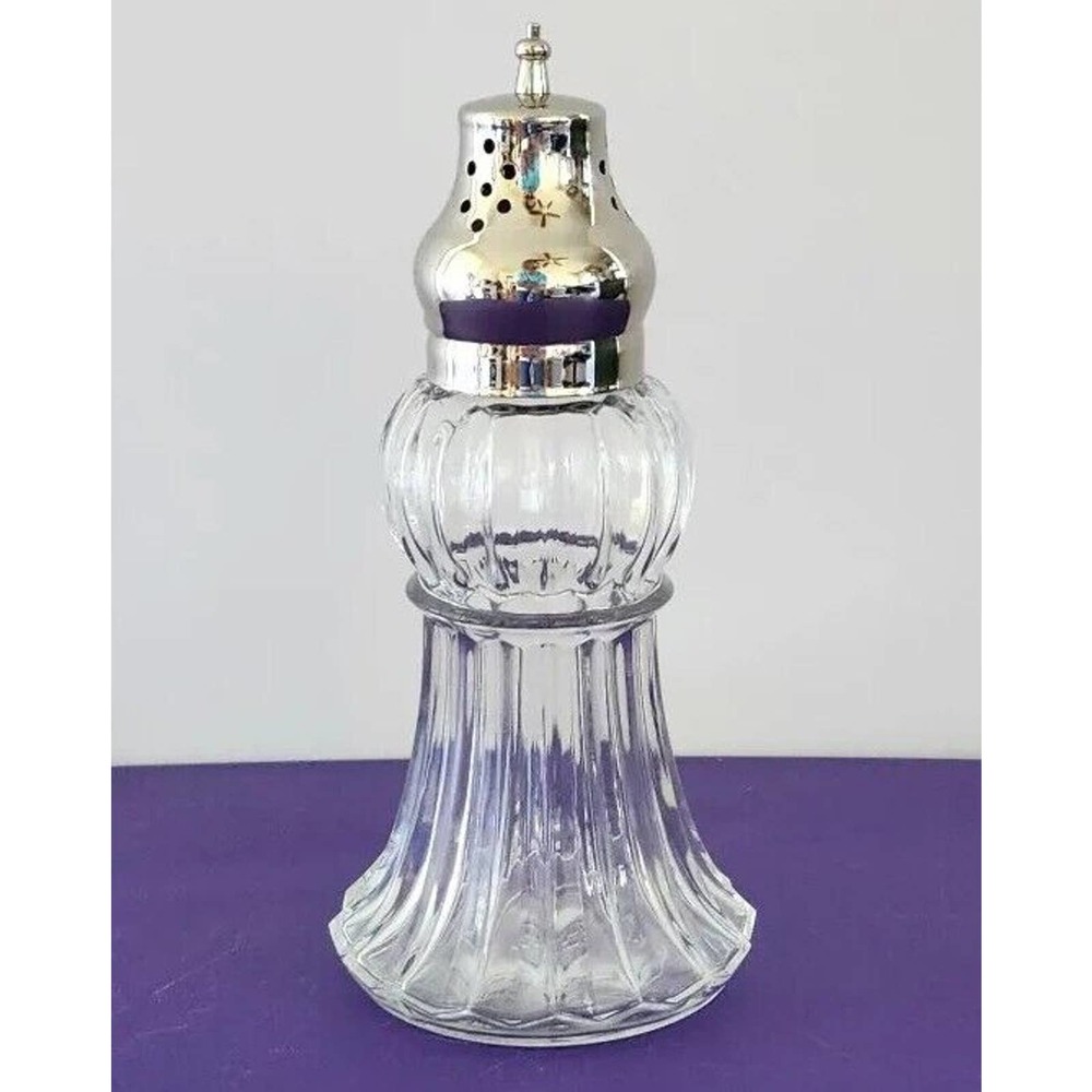 Lady Primrose Dusting Powder 3 oz Glass Jar Silverplate Shaker Top Empty 7"